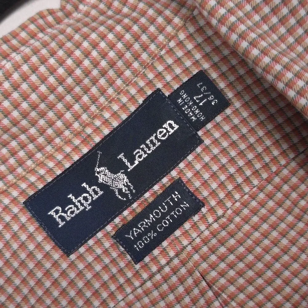 RALPH LAUREN Vintage HONG KONG Yarmouth‎ Cotton Check Tan Brown Shirt MEDIUM